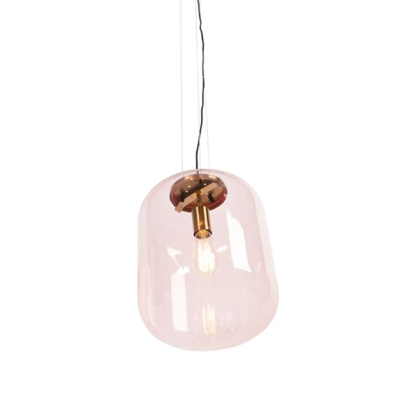 Art deco hanglamp messing met roze glas - bliss