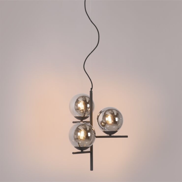 Art deco hanglamp zwart en smoke glas 3-lichts - flore