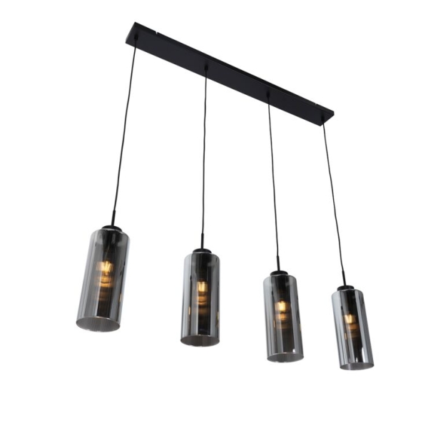 Art deco hanglamp zwart met smoke glas 4-lichts - laura