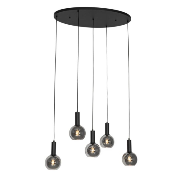 Art deco hanglamp zwart met smoke glas ovaal 5-lichts - josje