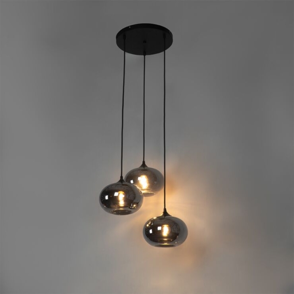 Art deco hanglamp zwart met smoke glas rond 3-lichts- busa