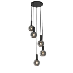 Art Deco hanglamp zwart met smoke glas rond 5-lichts - Josje