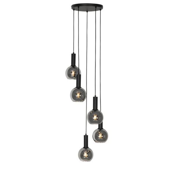 Art deco hanglamp zwart met smoke glas rond 5-lichts - josje