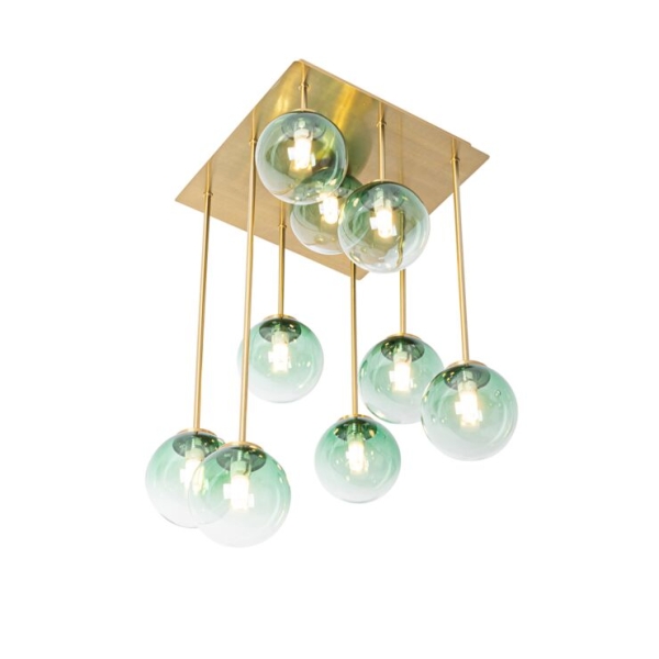 Art deco plafondlamp goud met groen glas 9-lichts - athens