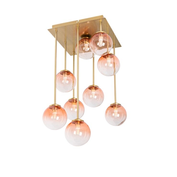 Art deco plafondlamp goud met roze glas 9-lichts - athens