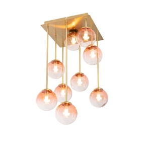 Art Deco plafondlamp goud met roze glas 9-lichts - Athens