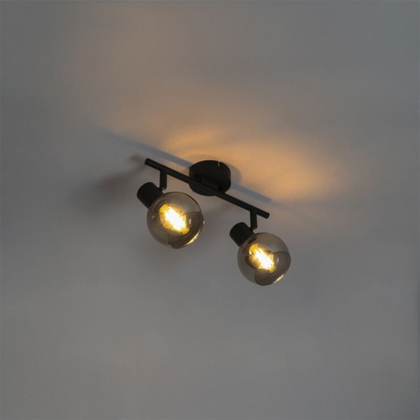 Art deco plafondlamp zwart met smoke glas 2-lichts - vidro