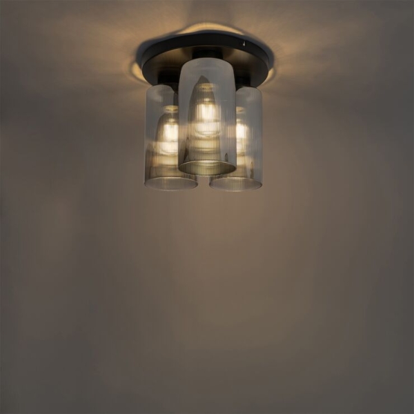Art deco plafondlamp zwart met smoke glas 3-lichts - laura