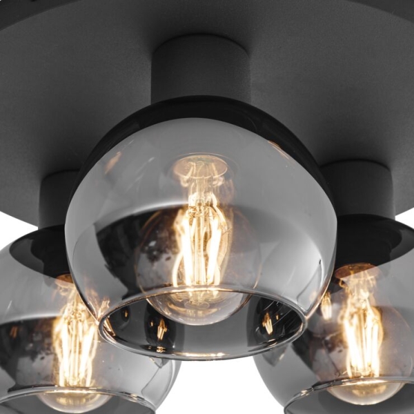 Art deco plafondlamp zwart met smoke glas 3-lichts - vidro