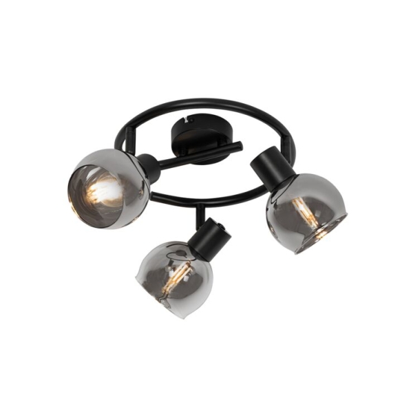 Art deco plafondlamp zwart met smoke glas 3-lichts rond - vidro