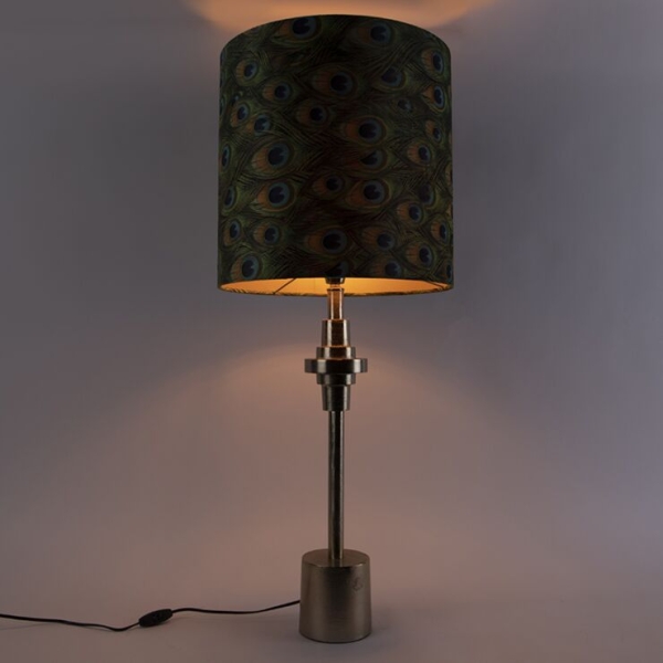 Art deco tafellamp goud velours kap pauw dessin 40 cm - diverso