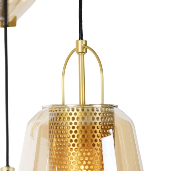 Art deco hanglamp goud met amber glas 6-lichts - kevin