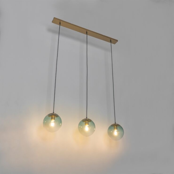 Art deco hanglamp messing met groen glas 3-lichts - pallon