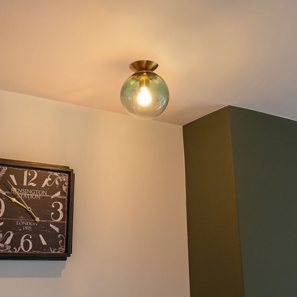 Art deco plafondlamp messing met groen glas - pallon
