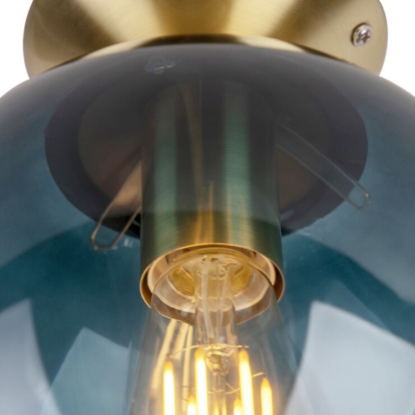 Art deco plafondlamp messing met oceaanblauw glas - pallon