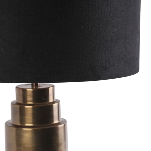 Art deco tafellamp brons velours kap zwart met goud 50 cm - bruut