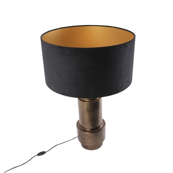 Art deco tafellamp brons velours kap zwart met goud 50 cm - bruut