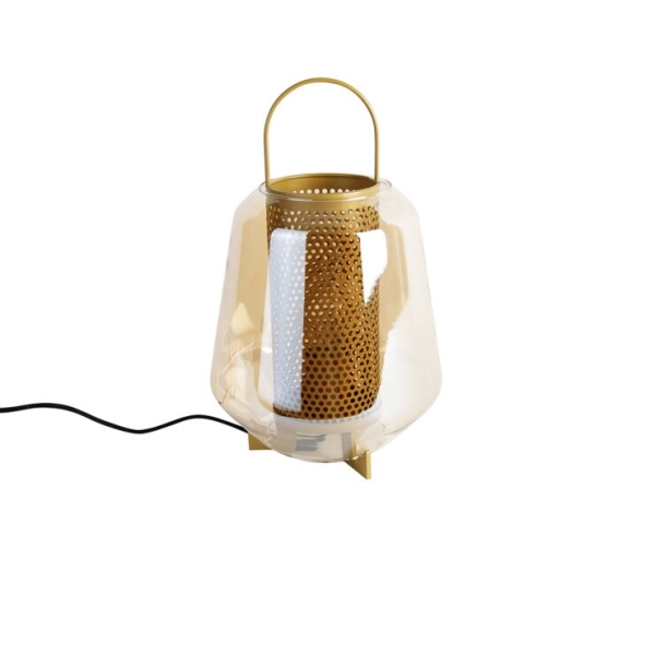 Art deco tafellamp goud met amber glas 23 cm - kevin