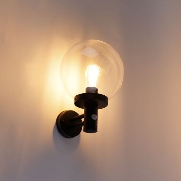 Buiten wandlamp zwart met helder glas incl. Bewegingsmelder - sfera