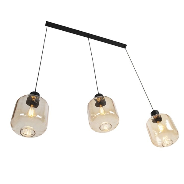 Design hanglamp zwart met amber glas 3-lichts 161