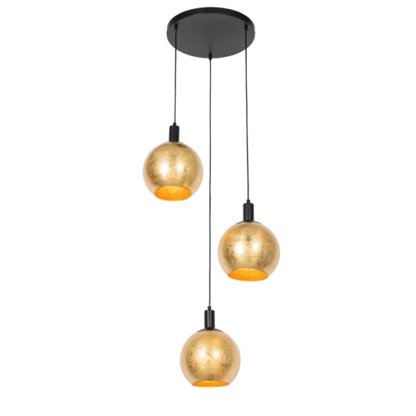 Design hanglamp zwart met goud glas 3-lichts - bert