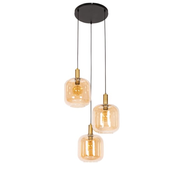 Design hanglamp zwart met messing en amber glas 3 lichts zuzanna 14