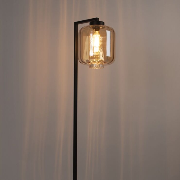 Design vloerlamp zwart met amber glas - qara down