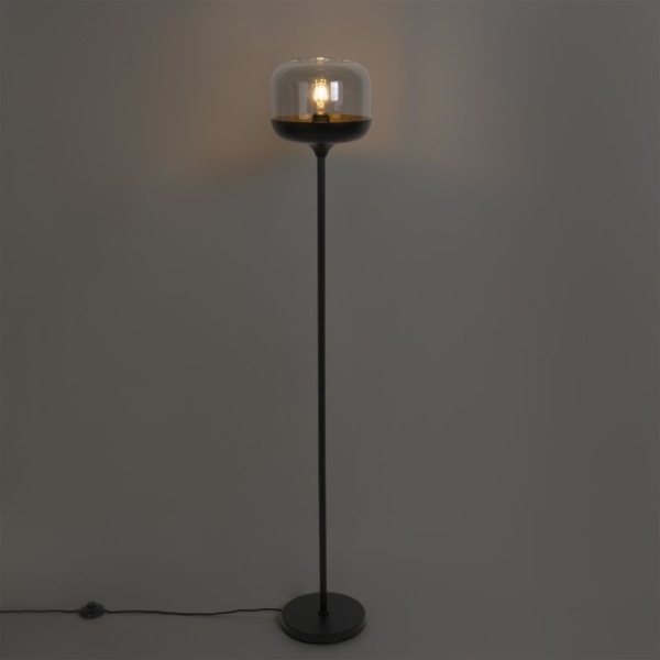 Design vloerlamp zwart met goud en smoke glas - kyan