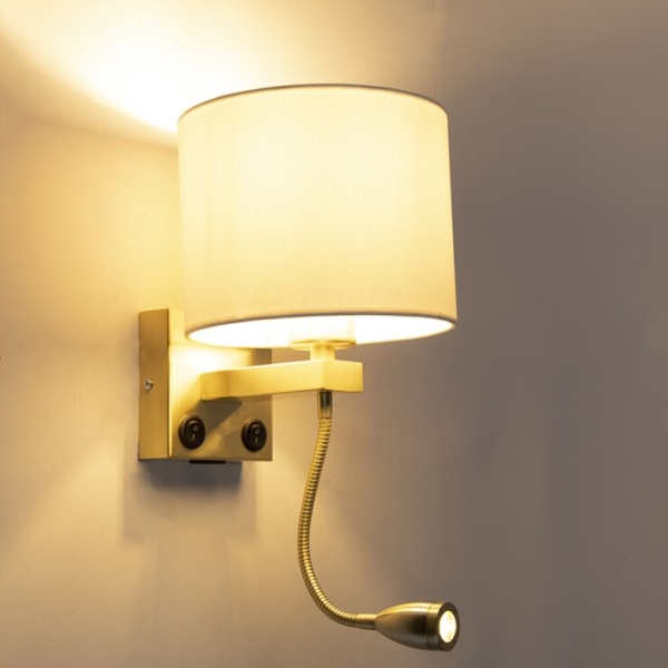 Gouden wandlamp usb met witte kap - brescia combi