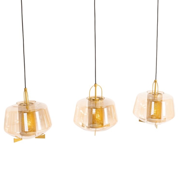 Hanglamp goud met amber glas 30 cm langwerpig 3-lichts - kevin