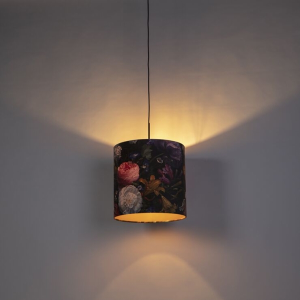 Hanglamp met velours kap bloemen met goud 40 cm - combi