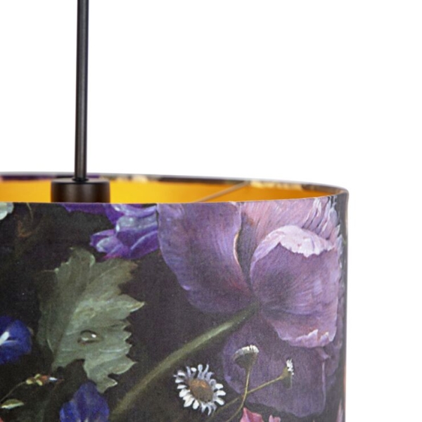 Hanglamp met velours kap bloemen met goud 40 cm - combi