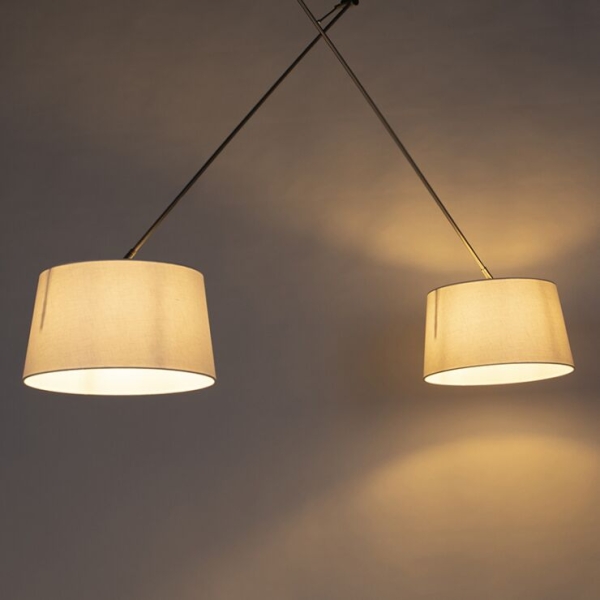 Hanglamp staal met linnen kappen wit 35 cm 2-lichts - blitz