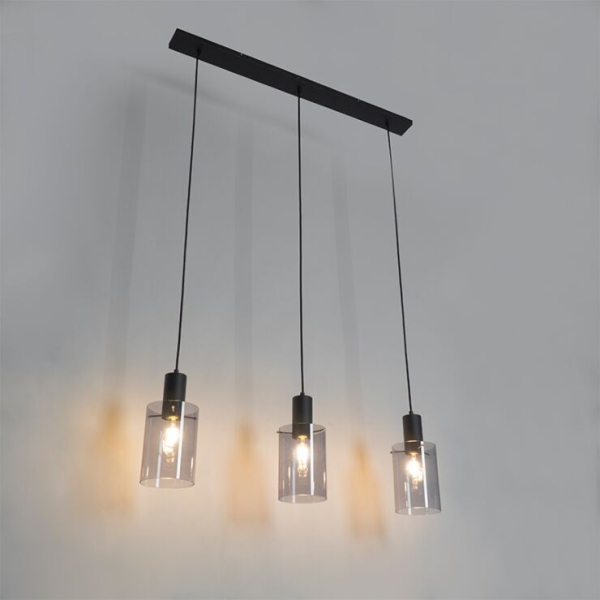 Hanglamp zwart met smoke glas langwerpig 3-lichts - vidra