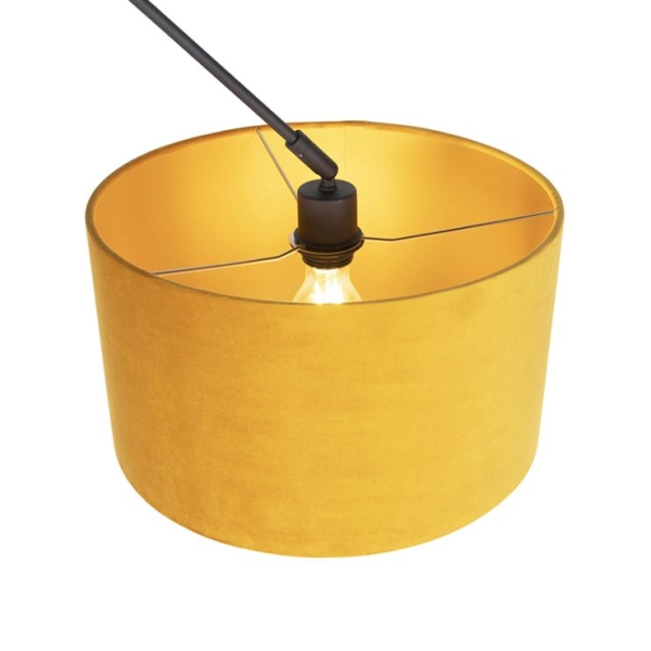 Hanglamp zwart met velours kap oker met goud 35 cm - blitz