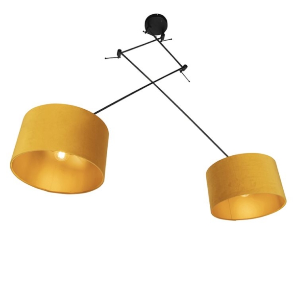 Hanglamp zwart met velours kappen oker met goud 35 cm - blitz