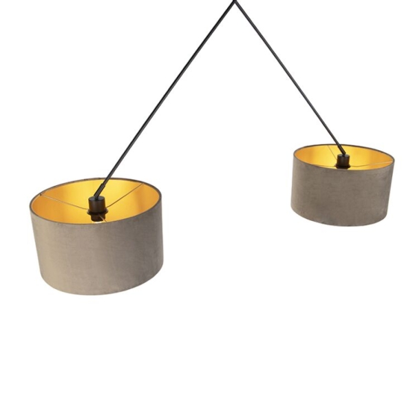 Hanglamp zwart met velours kappen taupe met goud 35 cm 2-lichts - blitz