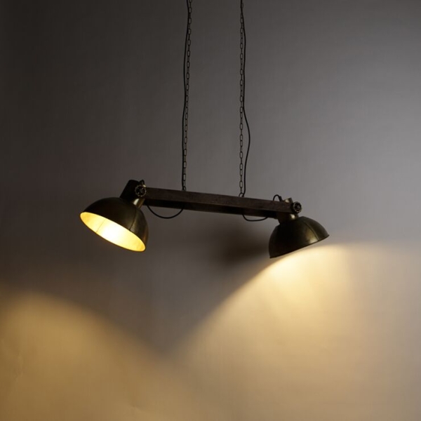 Industriële hanglamp goud 2-lichts met hout - mangoes
