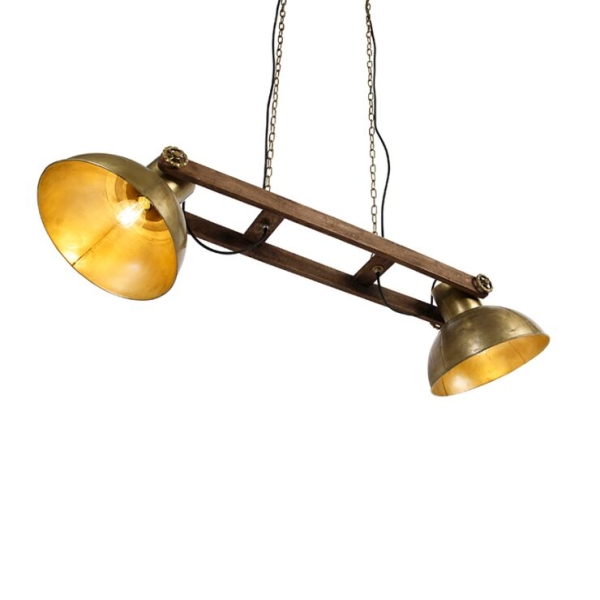 Industriële hanglamp goud 2-lichts met hout - mangoes