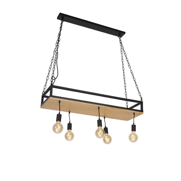 Industriële hanglamp zwart met hout 5-lichts - shelf