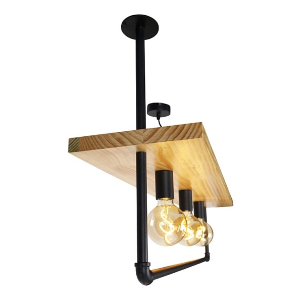 Industriële plafondlamp zwart met hout 3-lichts - shelf