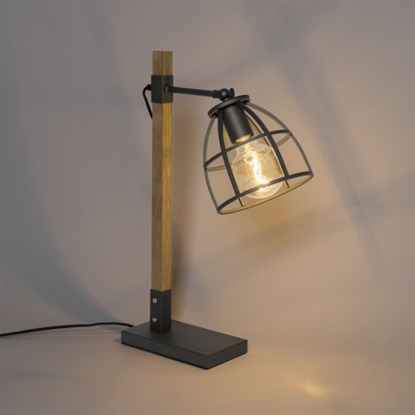 Industriële tafellamp donkergrijs met hout - arthur