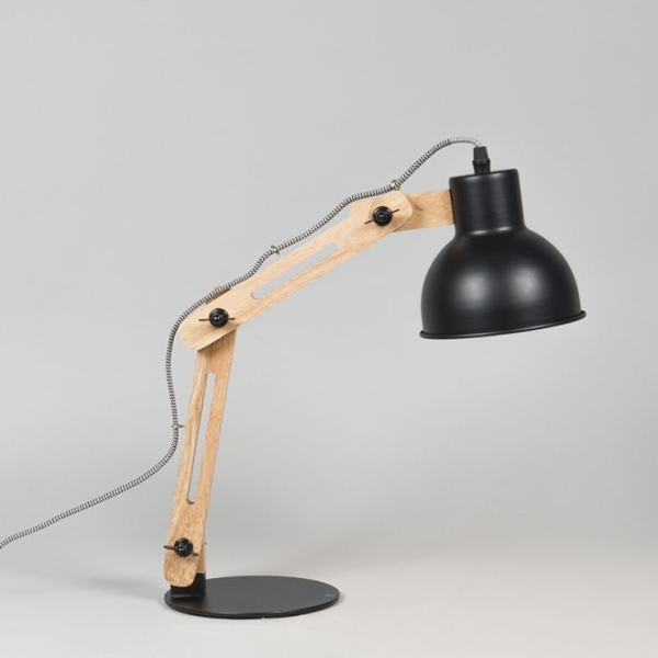 Industriële tafellamp zwart met hout - woodi