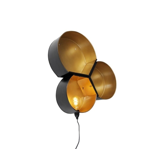 Industriële wandlamp zwart met goud rond - comb