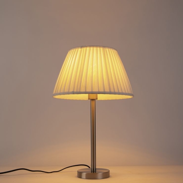 Klassiek tafellamp staal met plissé kap wit 35 cm - simplo