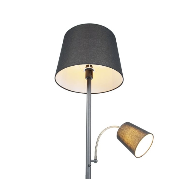 Klassieke vloerlamp zwart met zwarte kap en leeslampje - retro