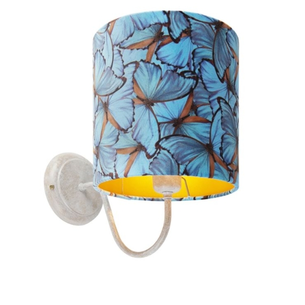 Klassieke wandlamp wit met vlinder velours kap - Matt