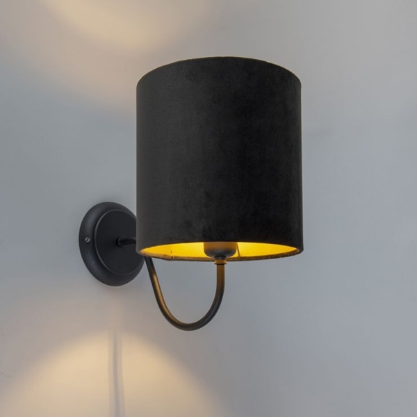 Klassieke wandlamp zwart met zwarte velours kap - matt