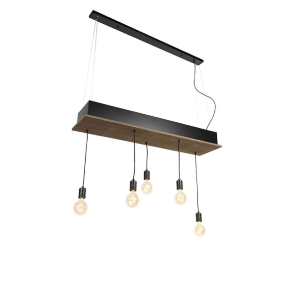 Landelijke hanglamp zwart met hout 5-lichts - flair