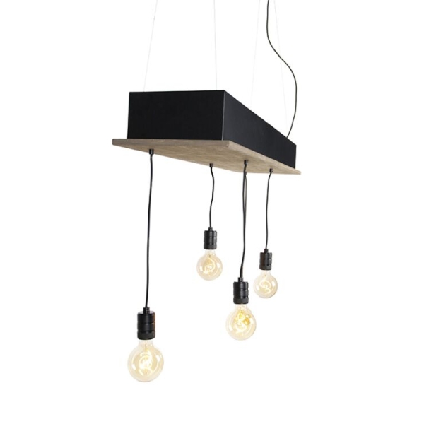 Landelijke hanglamp zwart met hout 5-lichts - flair